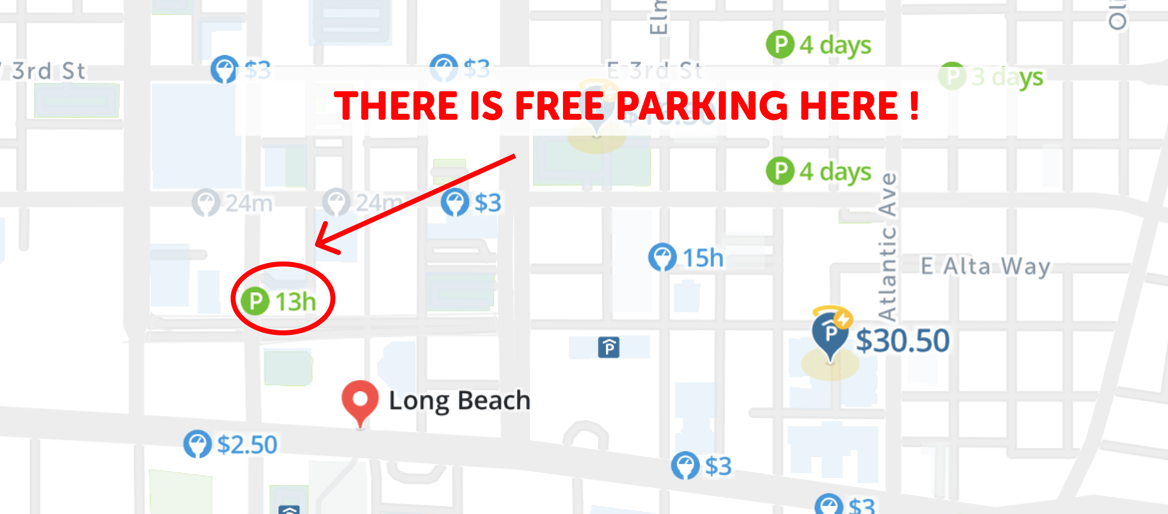 map of free parking in Long beach - SpotAngels